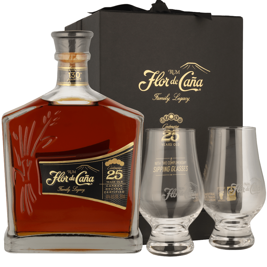 Flor De Cana 25 Years + Glencairn glas 70cl Rum Geschenken